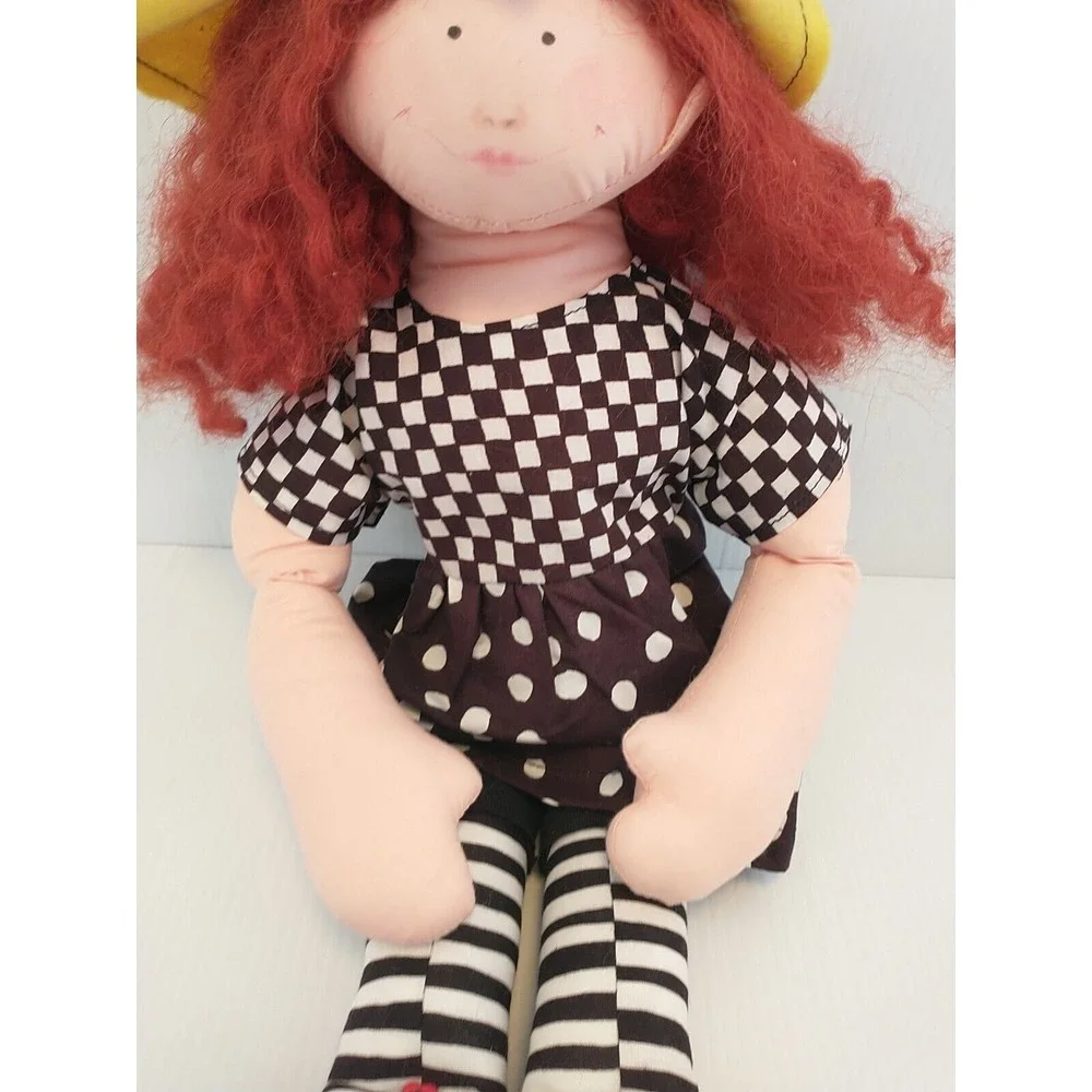 Vintage Handmade Madeline Cloth Doll Red Hair Yellow Hat Shoes Black White Dress